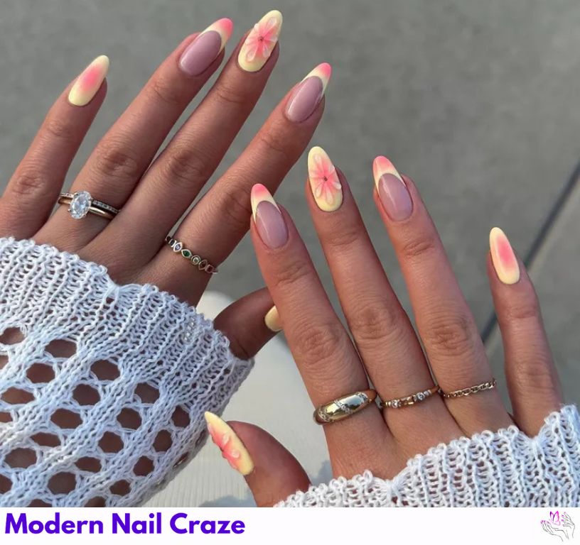 Butter yellow and sunset orange hibiscus French nails.