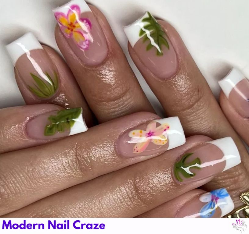 Square French nails with palm leaves and florals.