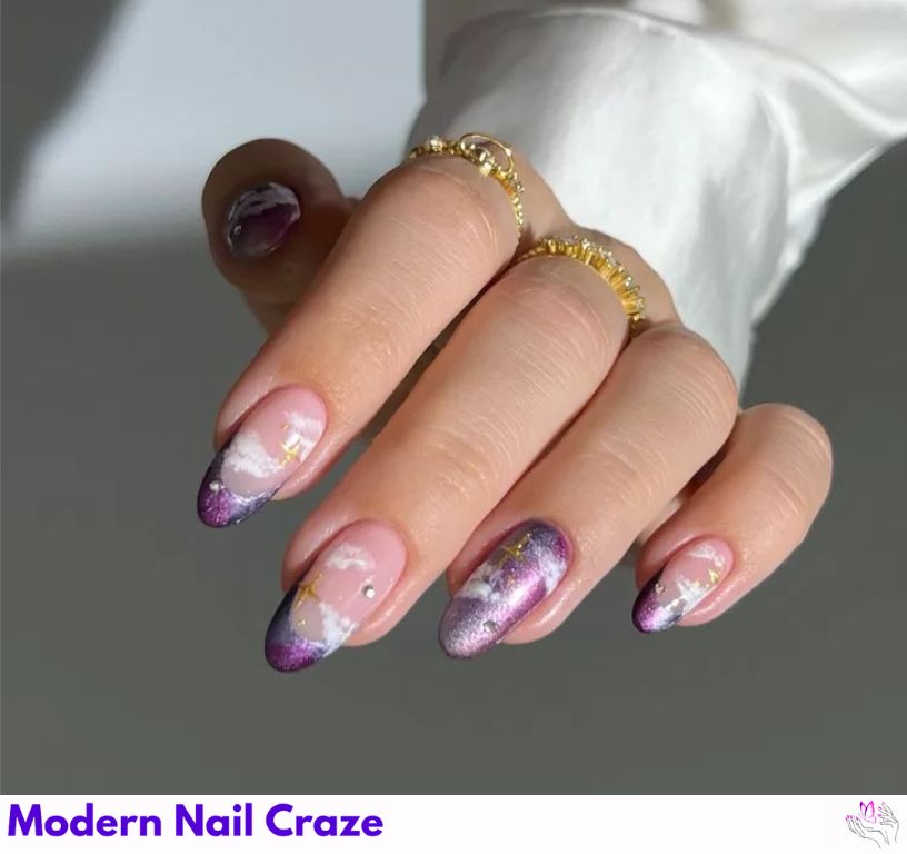 Dreamy dark chrome nails with artistic cloud designs.