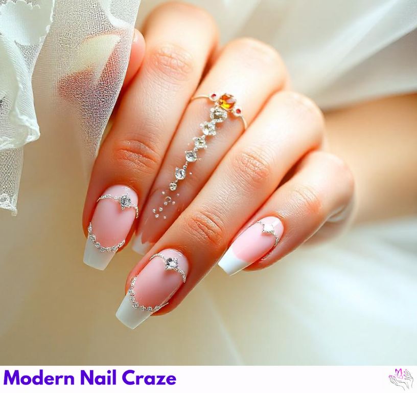 Romantic rhinestone nails for elegant weddings.