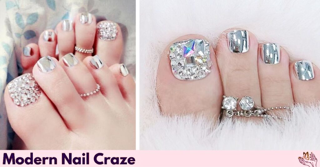 Rhinestone Silver Toenail Art