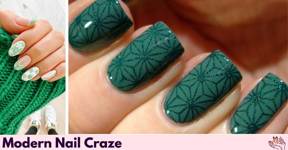 Green fall nail with 3D flower and cozy sweater design