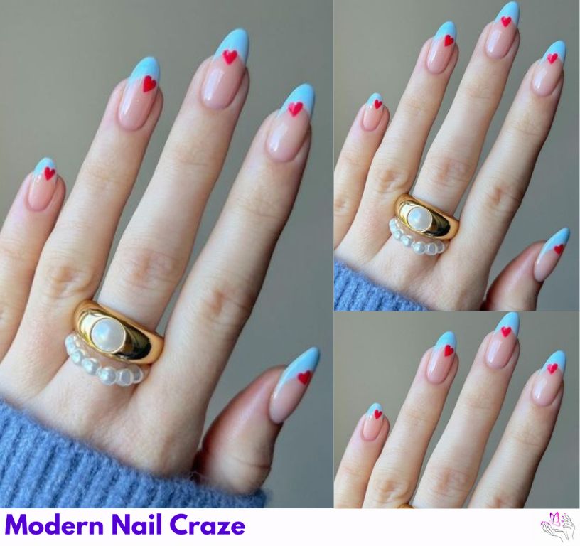 Festive blue French valentine day nails designed for holiday celebrations.
