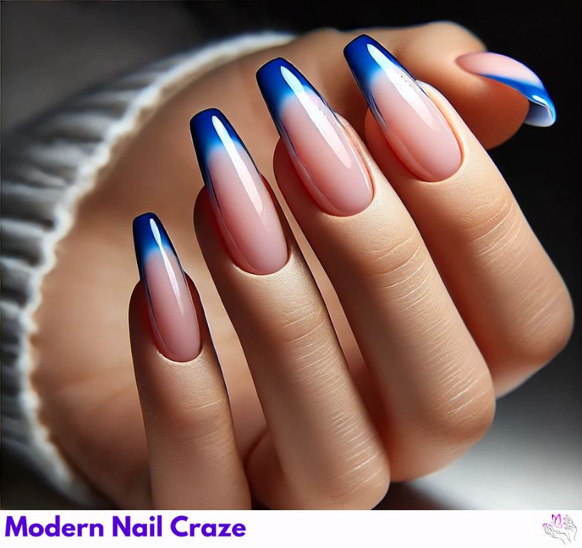 Unique blue French coffin nails featuring various trendy styles.