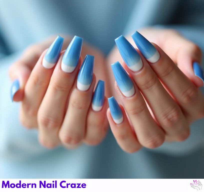 Blue French Tip Nails Coffin