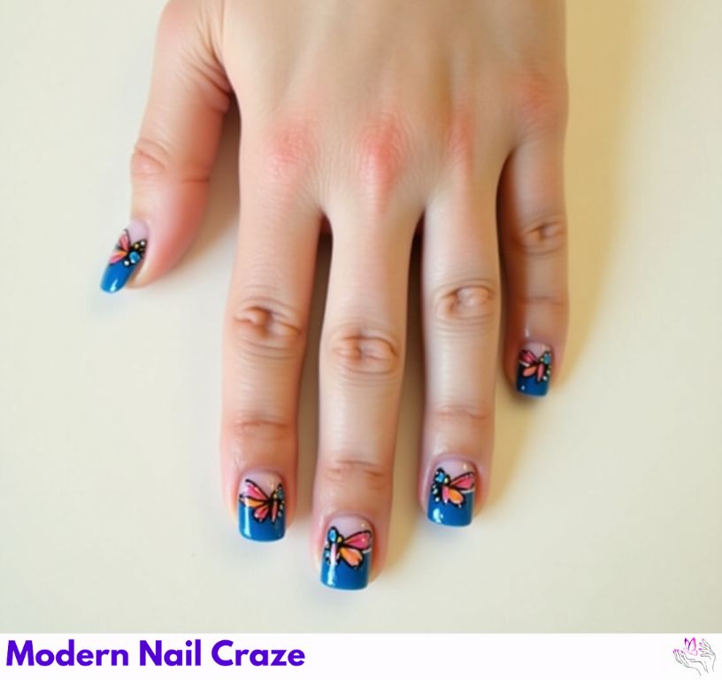 Stylish blue French nails with butterfly intricate artistic designs.