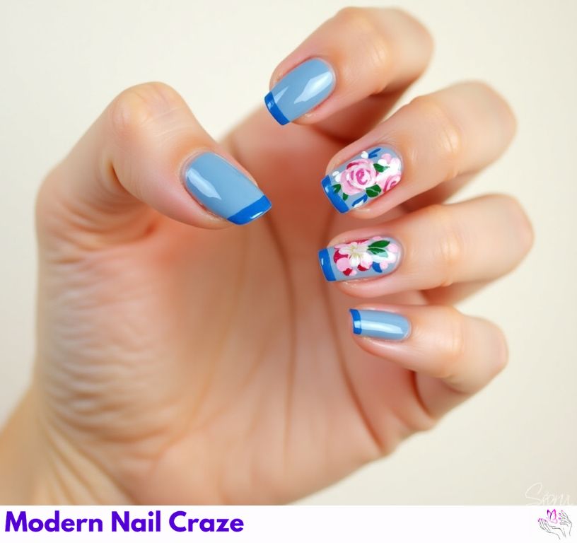 Stylish blue French nails with flower intricate artistic designs.