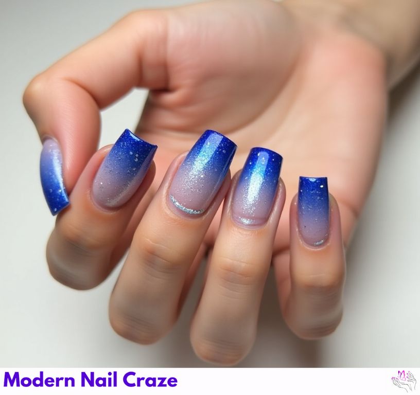 Stylish blue French nails with glitter intricate artistic designs.