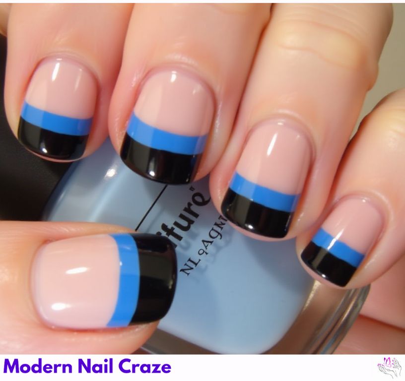 Fun blue and black French nails with creative and colorful combinations.