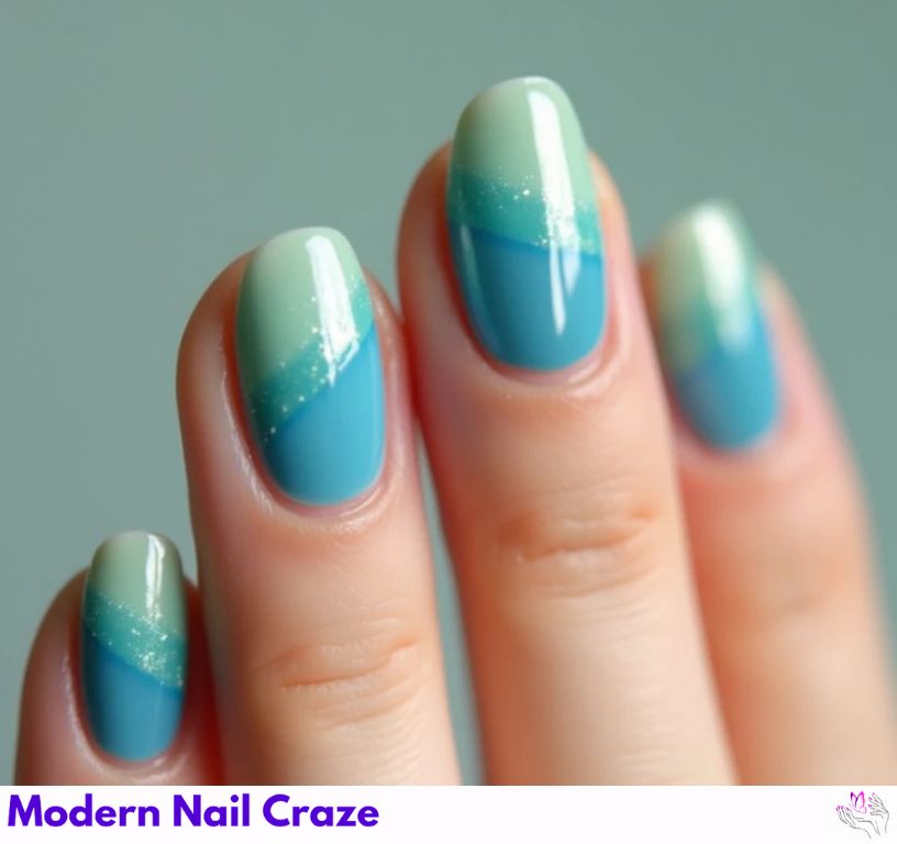 Fun blue and green French nails with creative and colorful combinations.