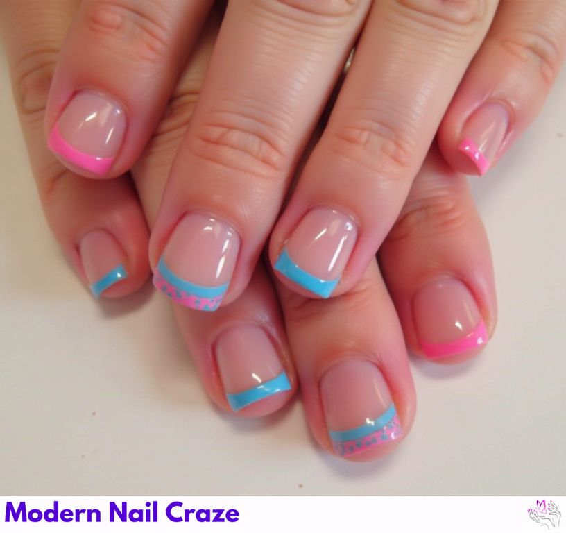 Fun blue and pink French nails with creative and colorful combinations.