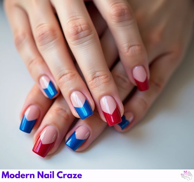 Fun blue and red French nails with creative and colorful combinations.