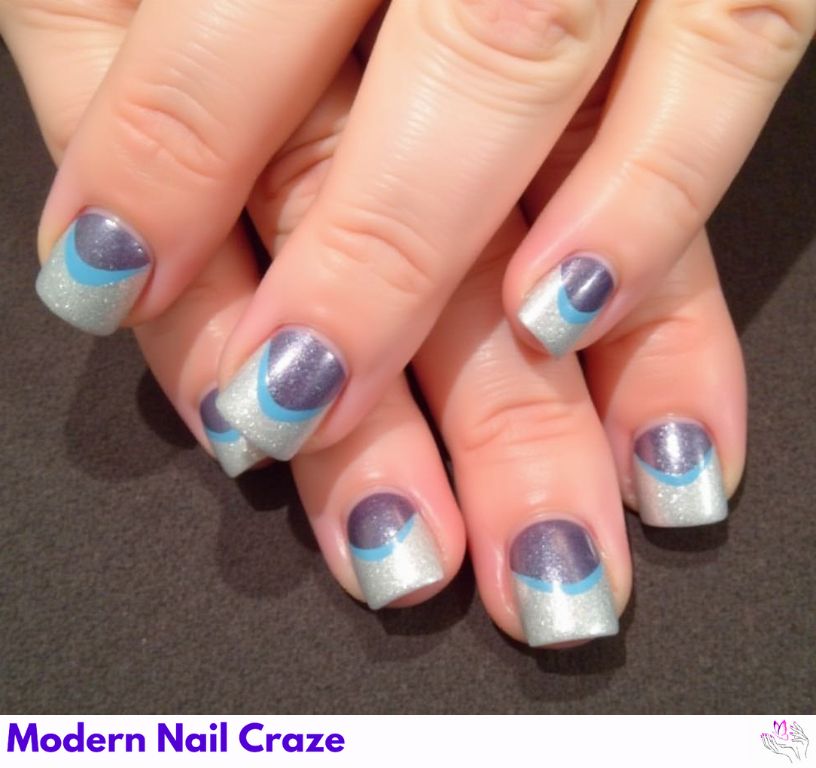Fun blue and silver French nails with creative and colorful combinations.
