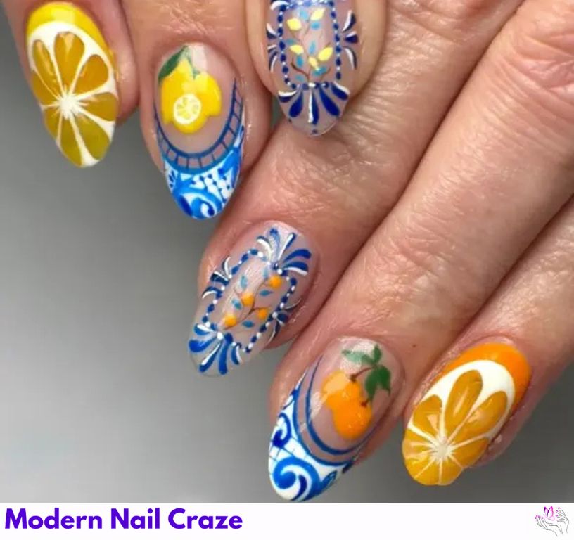 Fresh blue French nails with white tips and lemon designs.
