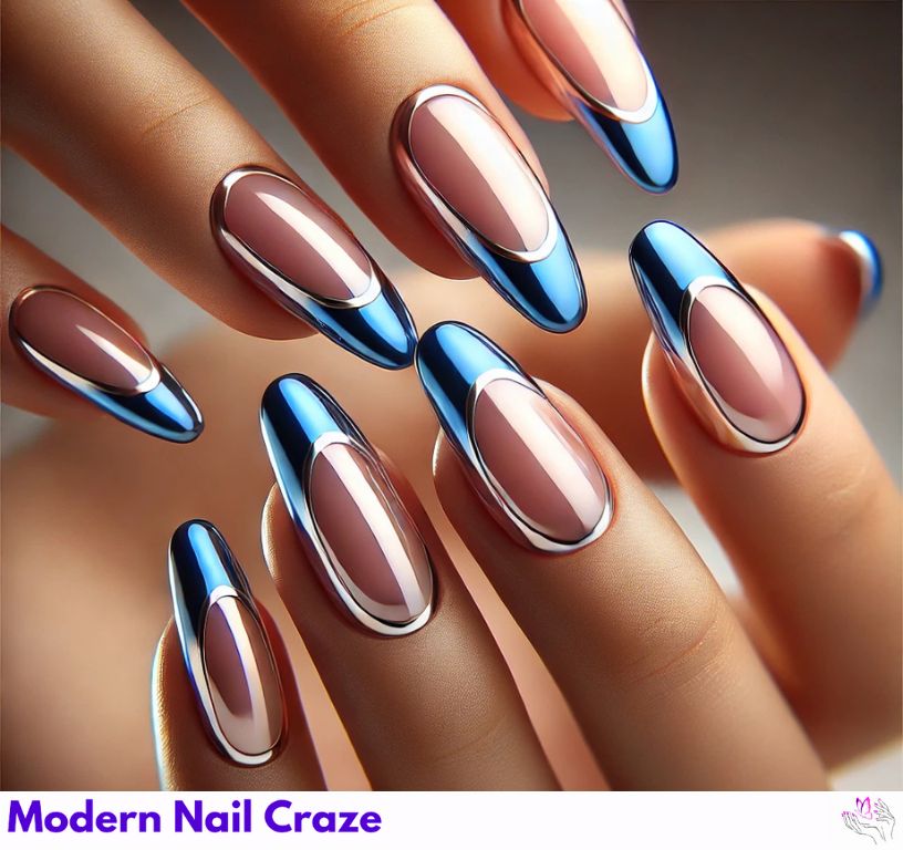 Unique blue Chrome French nails featuring various trendy styles.