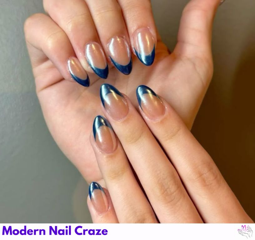 Glossy blue Chrome French nails with a sleek gel polish finish.