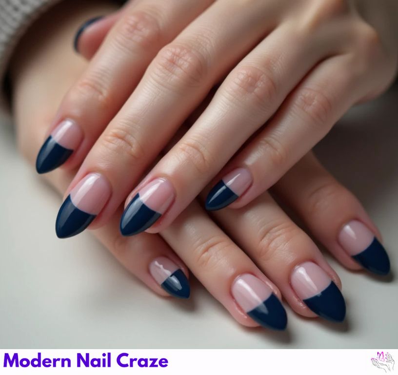 Bold dark blue French nails almond are perfect for an edgy finish.