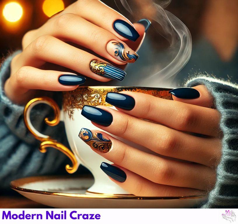 Elegant blue French nails with dark tones and silver tortoiseshell.