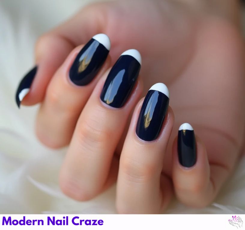 Bold dark blue nails with white French are perfect for an edgy finish.