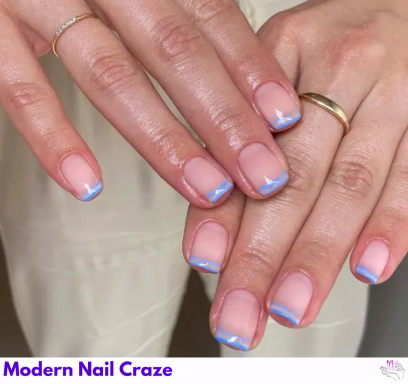 Light Blue BIAB Short Almond French Tip Nails