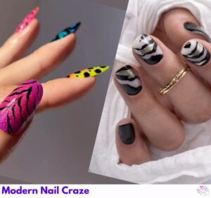 A zebra print manicure with a glittery base