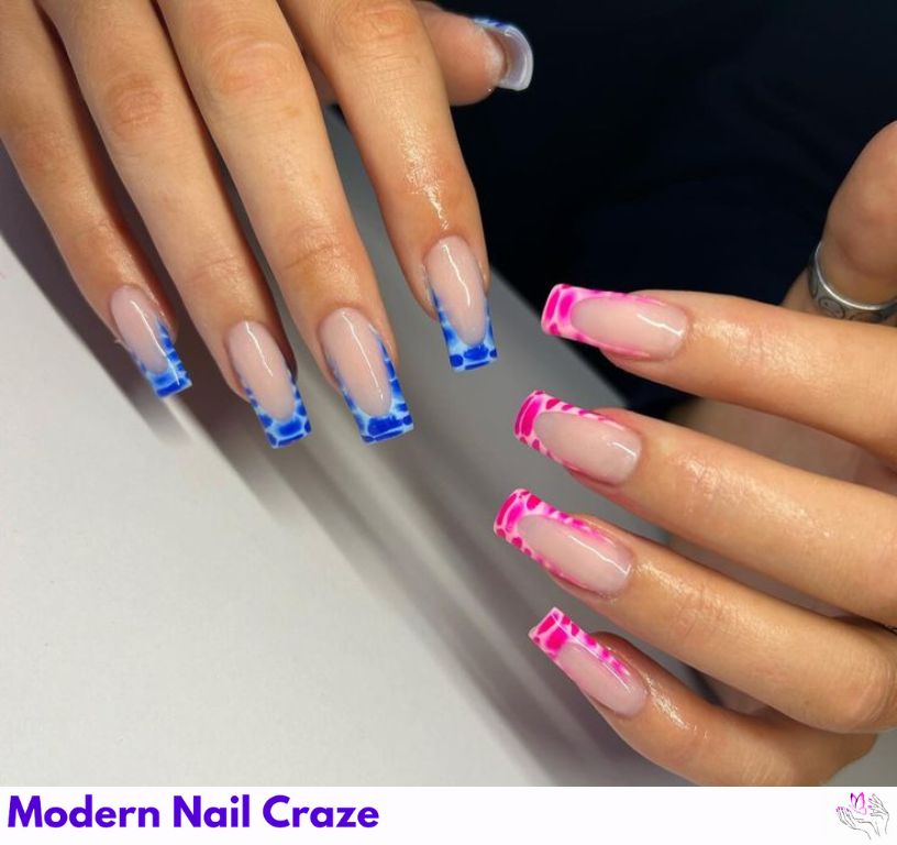 Unique pink and blue blue French nails featuring various trendy styles.