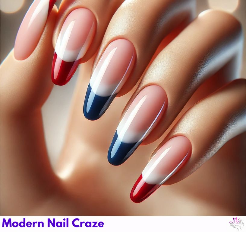 Unique red, white and blue French nails featuring various trendy styles.