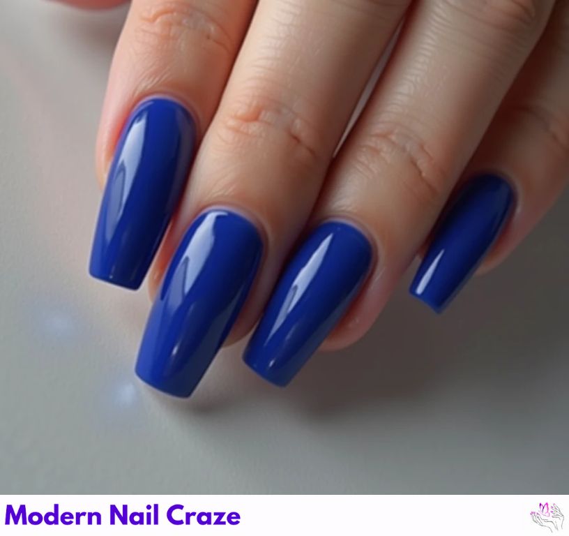 Luxurious blue French Coffine nails with a rich royal blue touch.