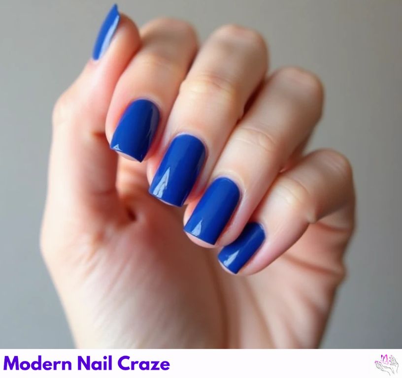Luxurious blue French short nails with a rich royal blue touch.
