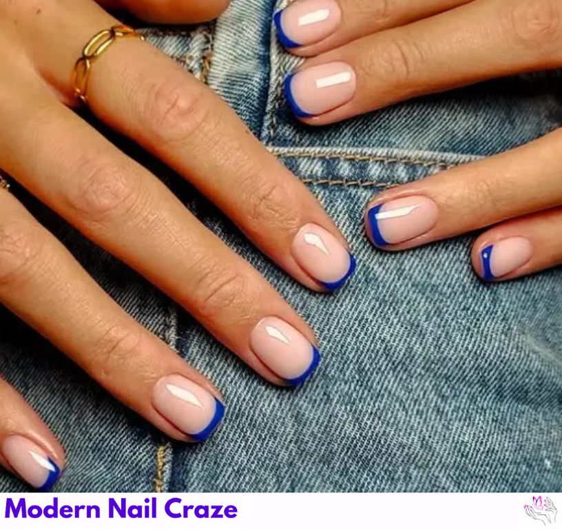 Short square milky nails with electric blue French tips.