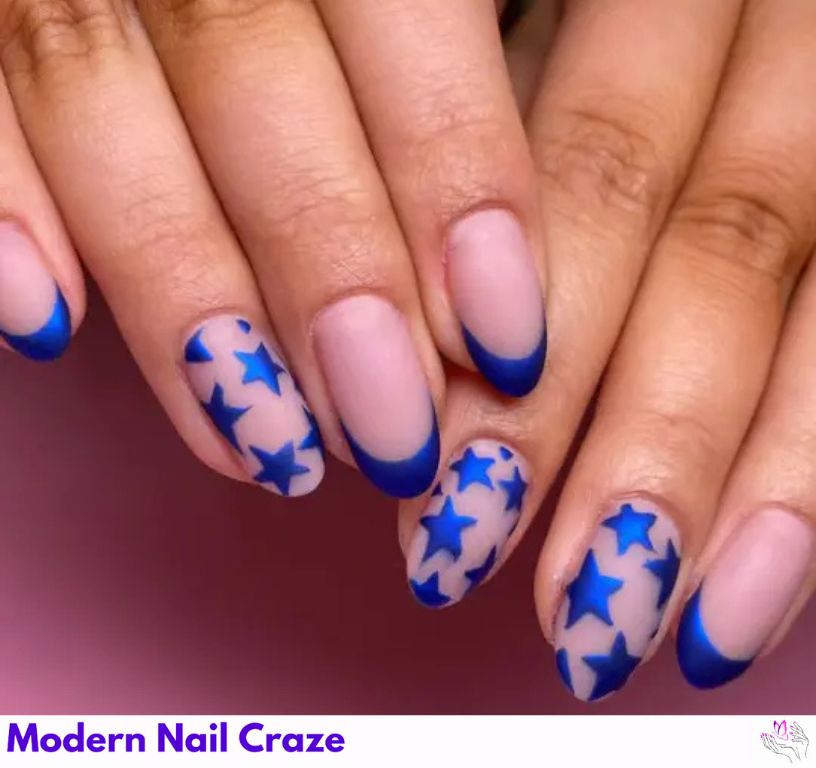 Matte blue French nails with chrome tips and star art.