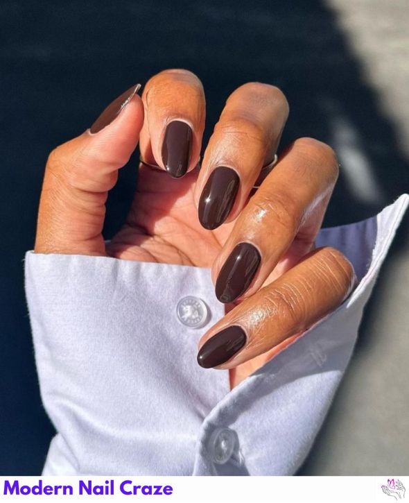 Chic solid dark brown nails with a cozy vibe.