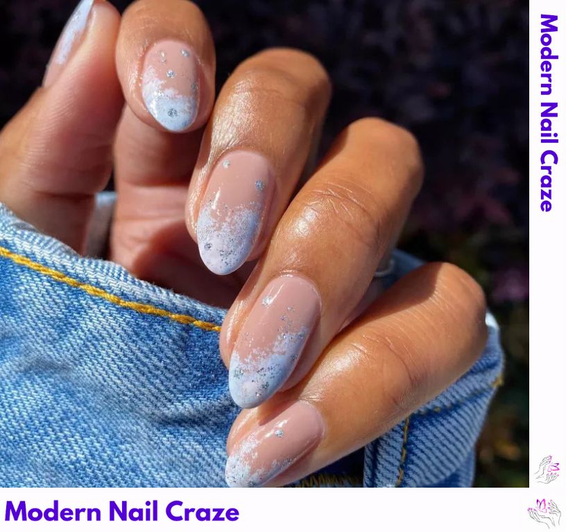 Speckled and Sparkly – Glittery blue French nails with icy, speckled finishes.
