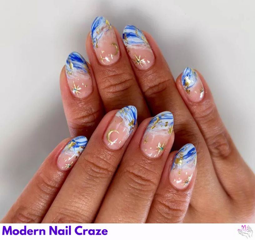 Swirly blue French nails inspired by Van Gogh’s Starry Night.