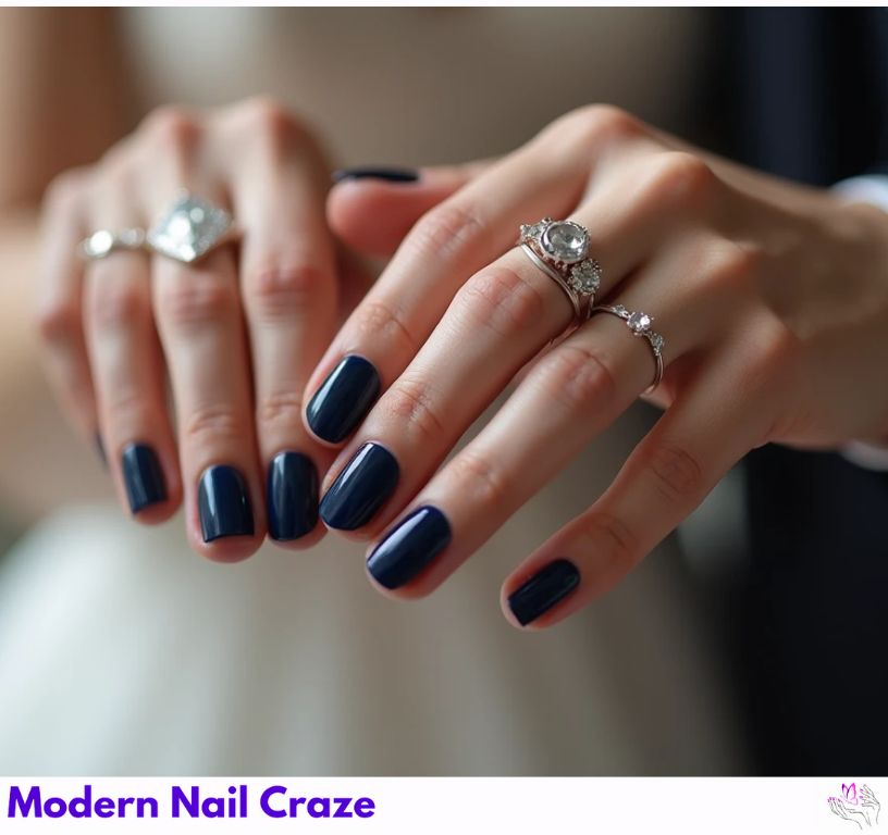 Deep Wedding navy blue French nails with a refined and sophisticated look.