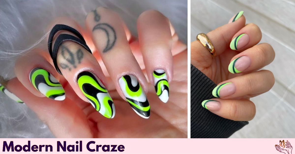 Abstract green fall nail design with creative lines