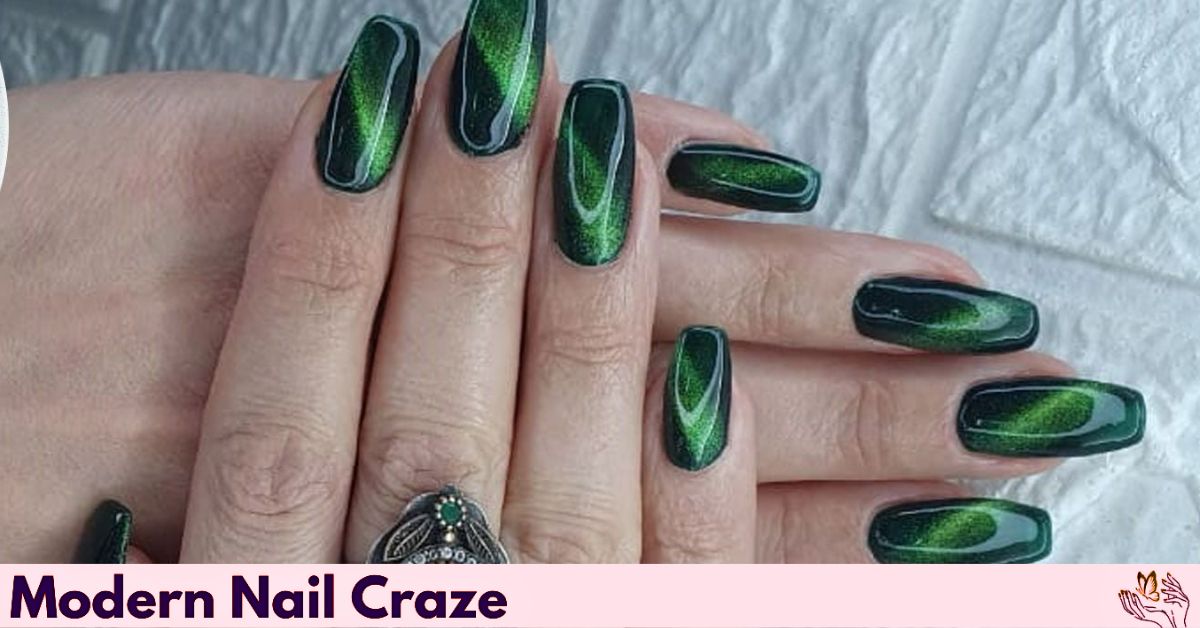 Cat eye green fall nail design with light reflection
