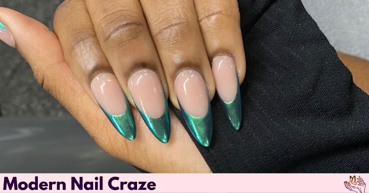 Chrome green fall nail in French tip style
