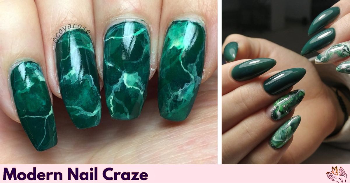 Marble design green fall nail style in dark shades