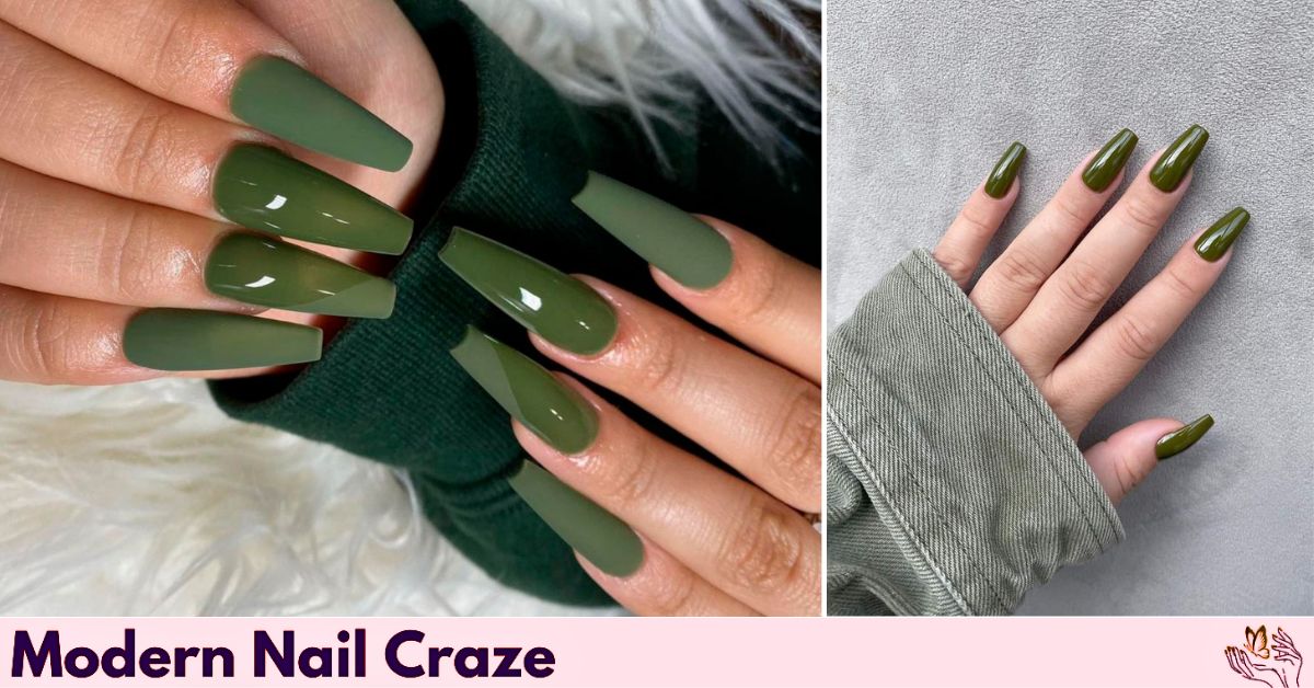 Deep olive green fall nail design with cozy sweater