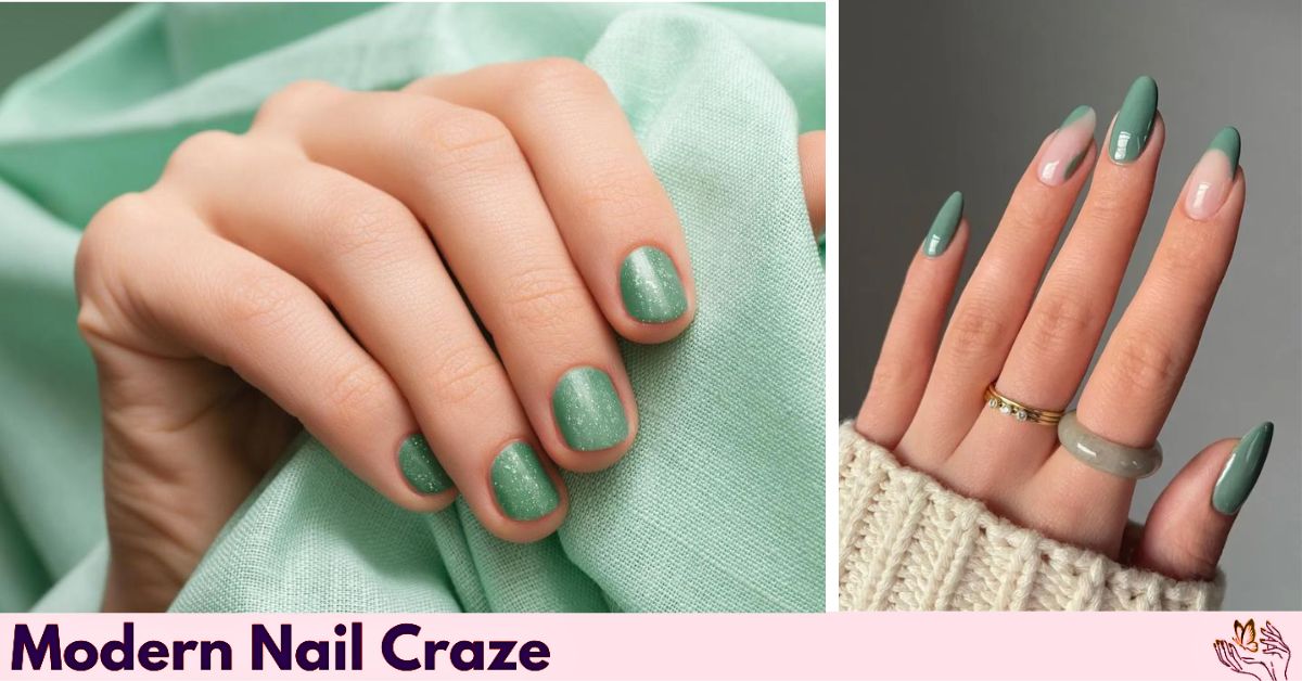 Elegant viridian green fall nail art with sleek lines