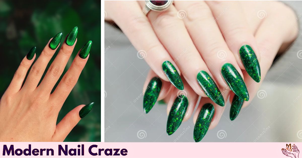 Shiny emerald green fall nail design with luxe feel