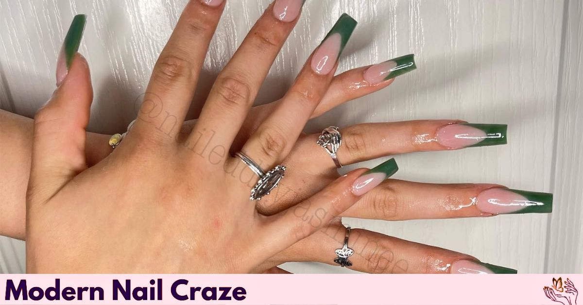 Funky French tip green fall nail with unique shapes