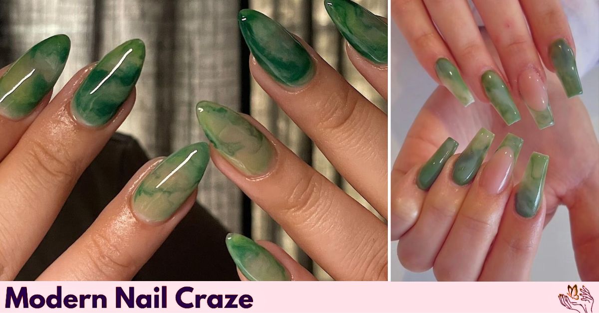 Glossy jade green fall nail design with gold accent