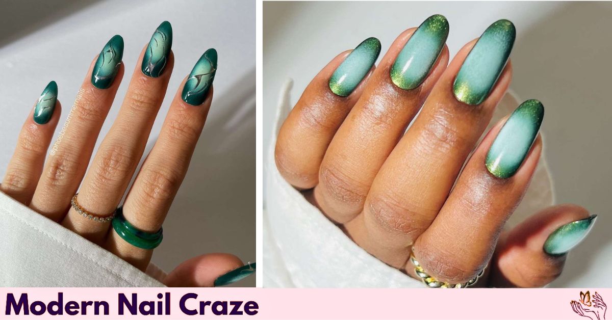 Aura-style green fall nail look with glowy center