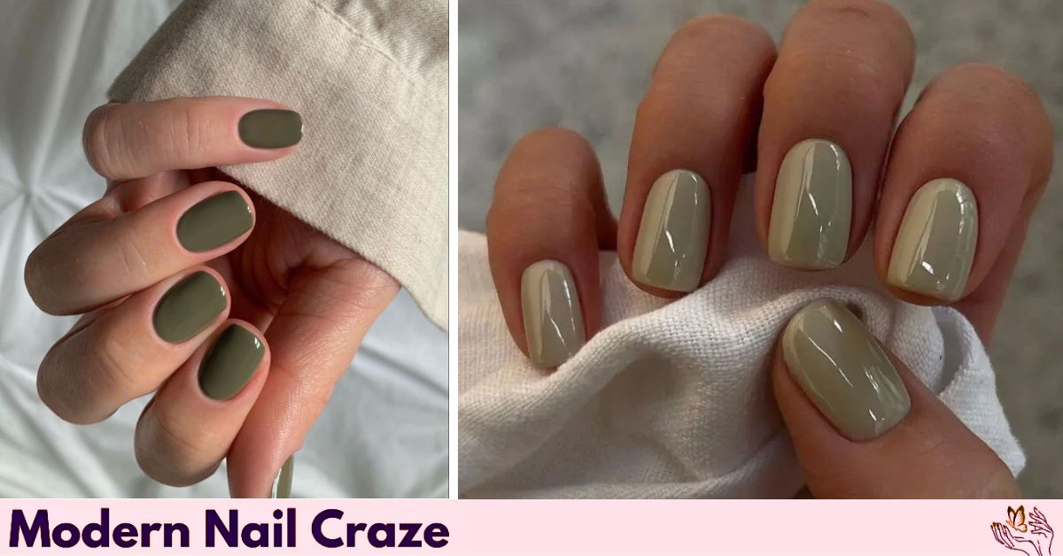 Soft moss green fall nail design with cozy leaf vibes