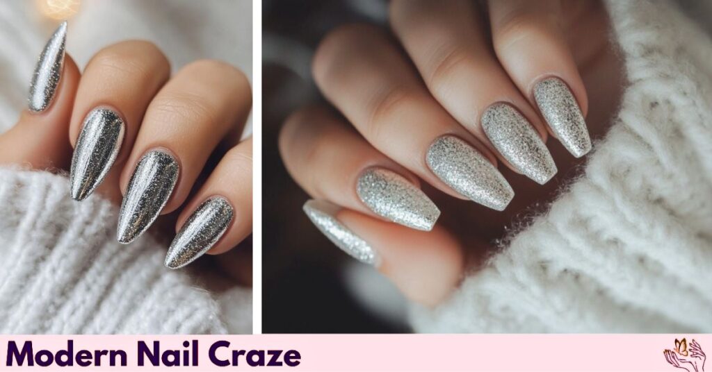 Silver Confetti on Neutral Summer Nails