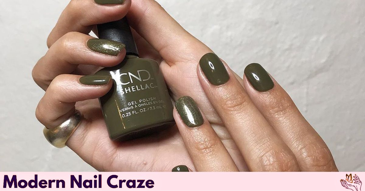 Neutral olive green fall nail art with warm tones