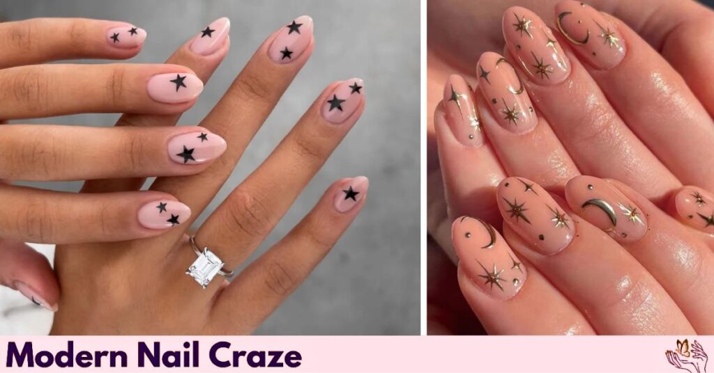 Star-Studded Natural Almond Nail Design