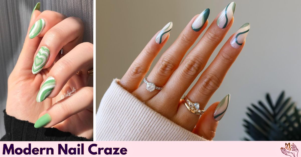 Earthy swirl green fall nail art with abstract pattern
